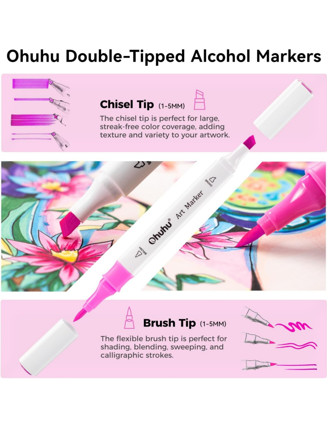 MARCADORES A BASE DE ALCOHOL OHUHU PUNTA PINCEL 48 COLORES