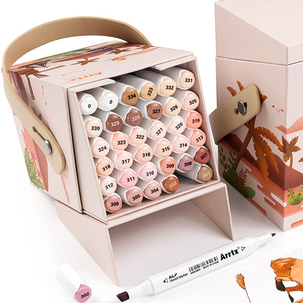 MARCADORES BISELADOS DOBLE PUNTA, A BASE DE ALCOHOL, TONOS PIEL 36 COLORES, INCLUYE BLENDER