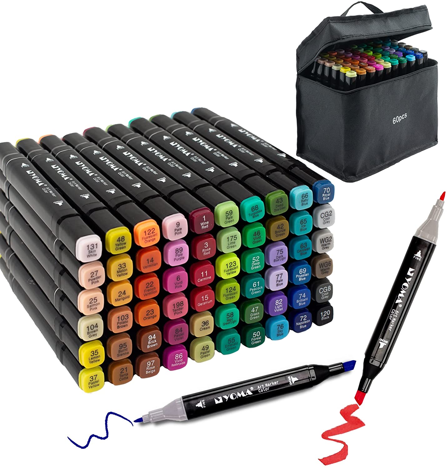 MARCADORES DE ALCOHOL BISELADOS, 60 COLORES