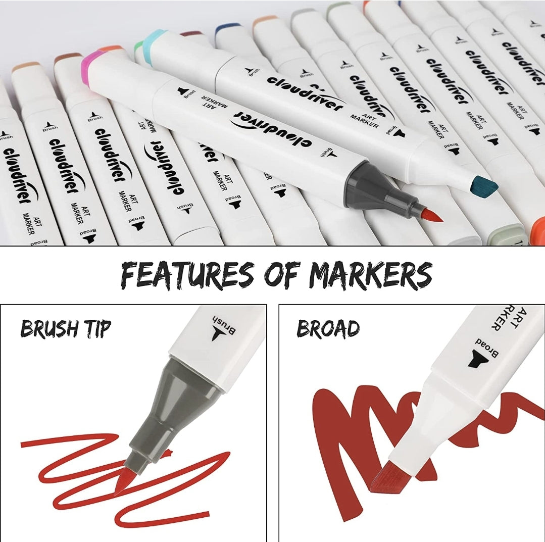 MARCADORES DE ALCOHOL PUNTA PINCEL Y PUNTA BISELADA, 60 COLORES