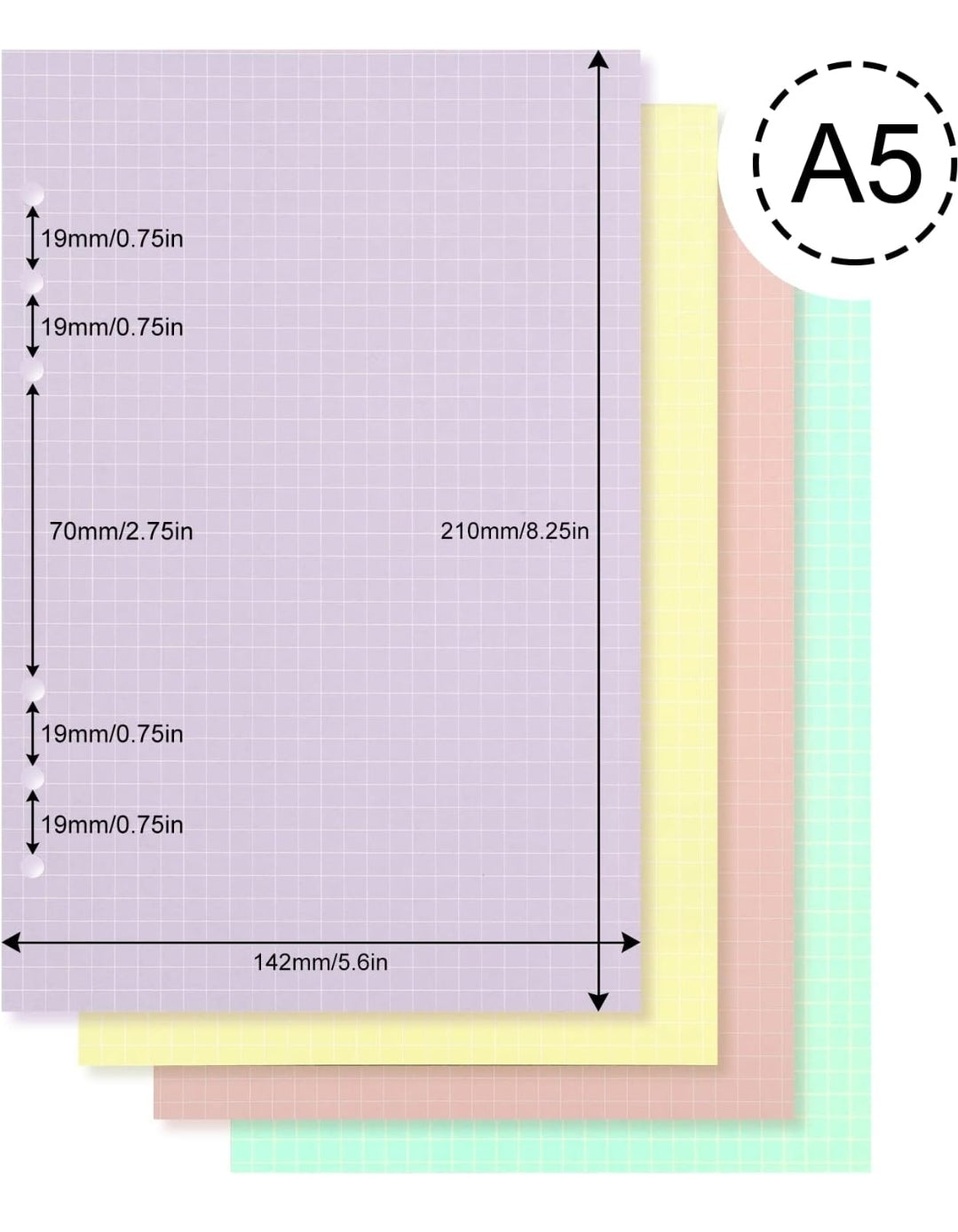 40 hojas A5 de colores, para carpeta de 6 anillos (6 ring binder)