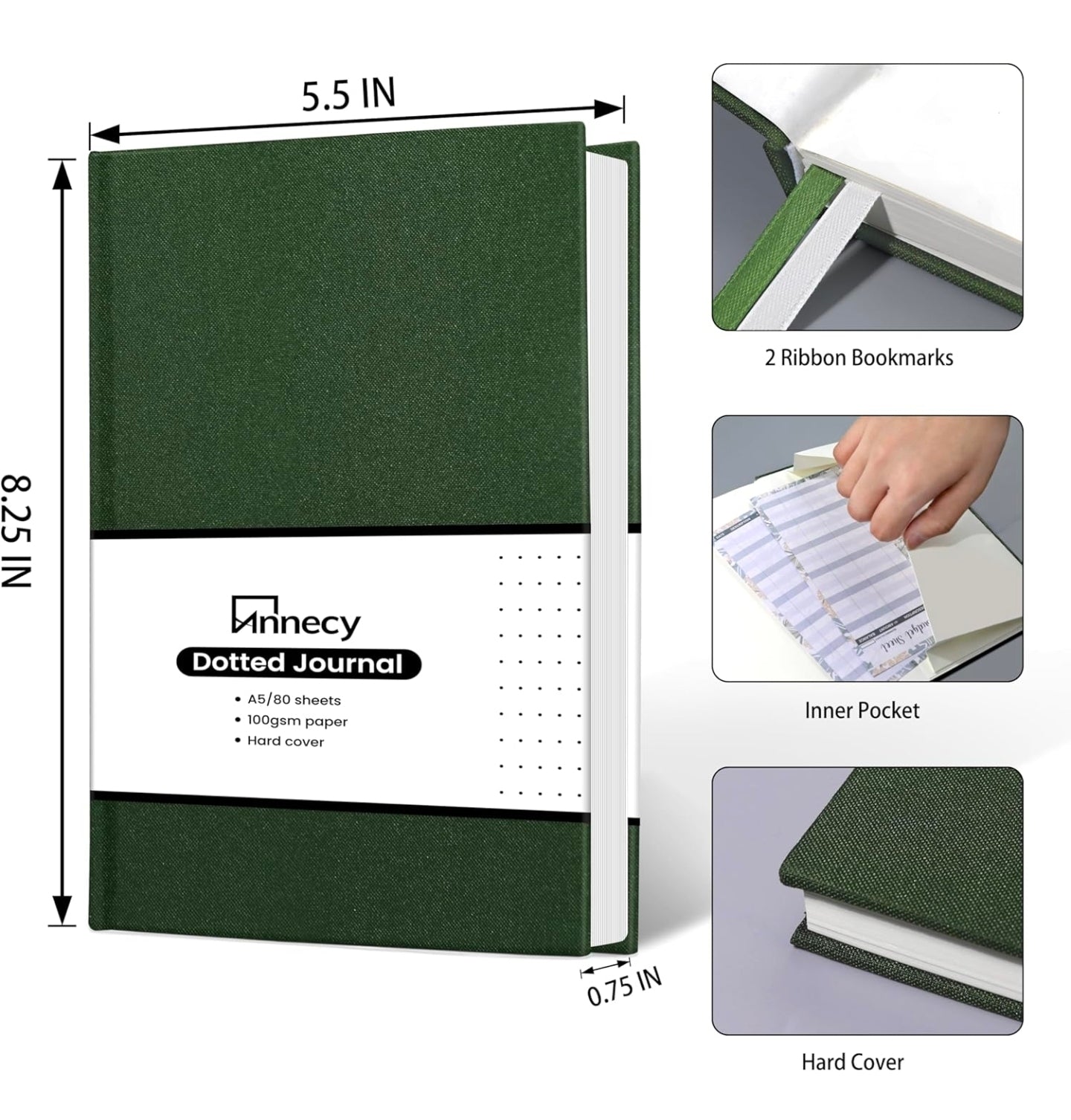 LIBRETA PASTA DURA DE TELA COLOR VERDE OLIVO, 80 HOJAS PUNTEADAS  | AGENDA | CUADERNO